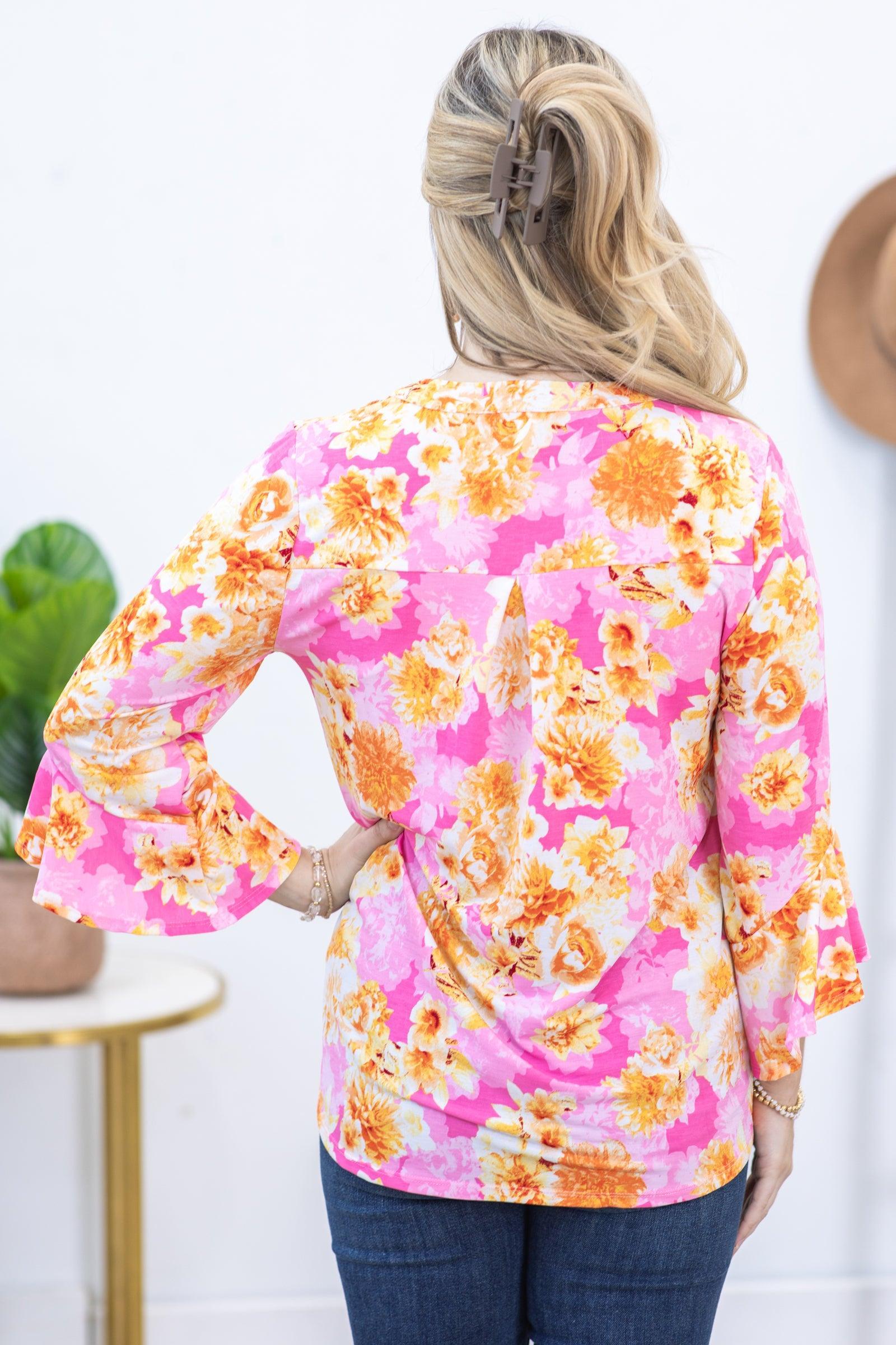 Pink Floral Flutter Sleeve Wrinkle Free Top Product Image