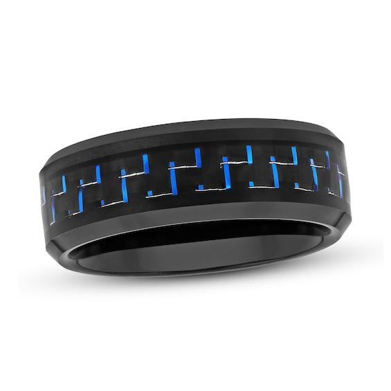 Men's 8.0mm Beveled Edge Wedding Band in Tungsten with Black IP and Blue Woven Carbon fiber Inlay Product Image