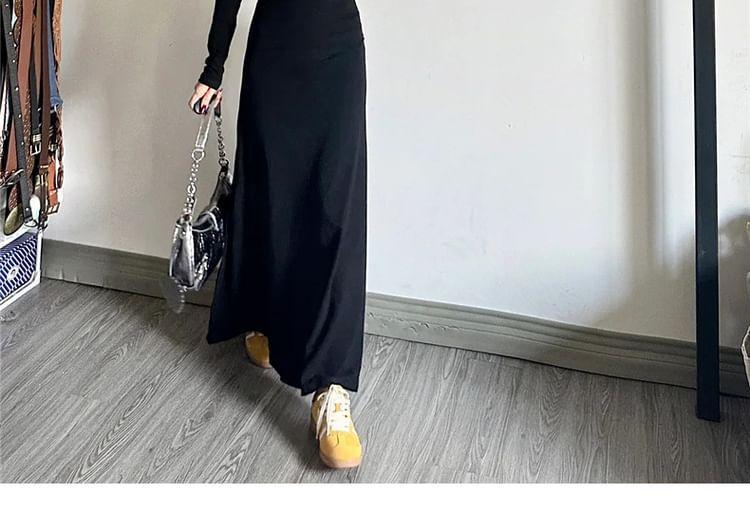 Long-Sleeve Henley Plain Maxi A-Line Dress Product Image