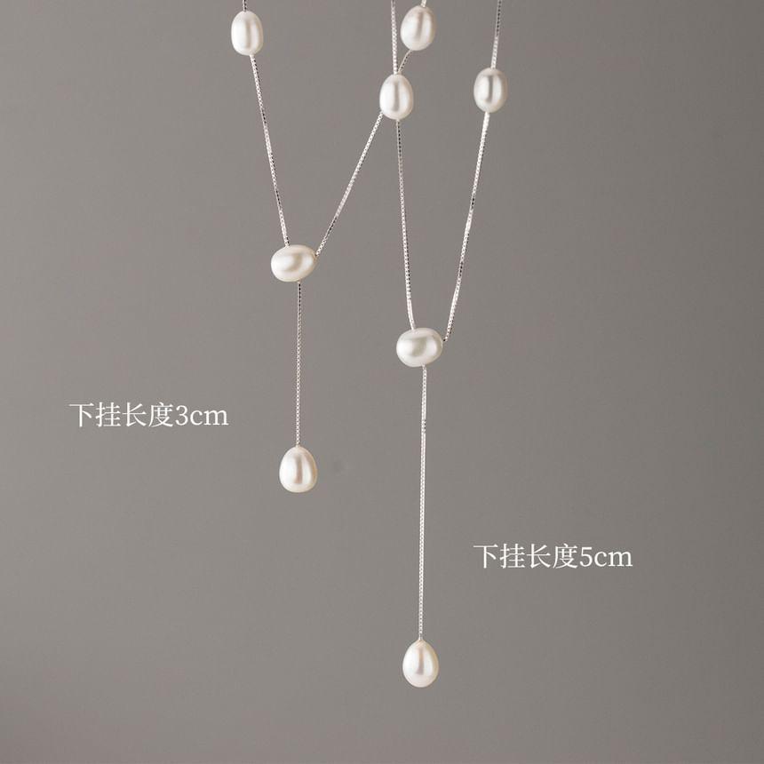 925 Sterling Silver Faux Pearl Lariat Necklace Product Image