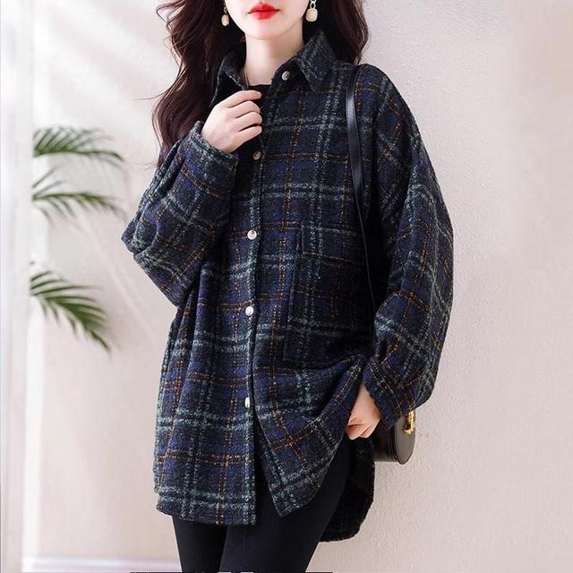 Long Sleeve Collared Plaid Shirt Jacket Product Image