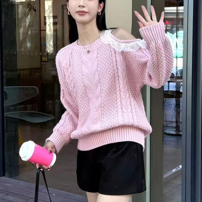 Cold Shoulder Plain Ruffle Cable Knit Sweater Product Image