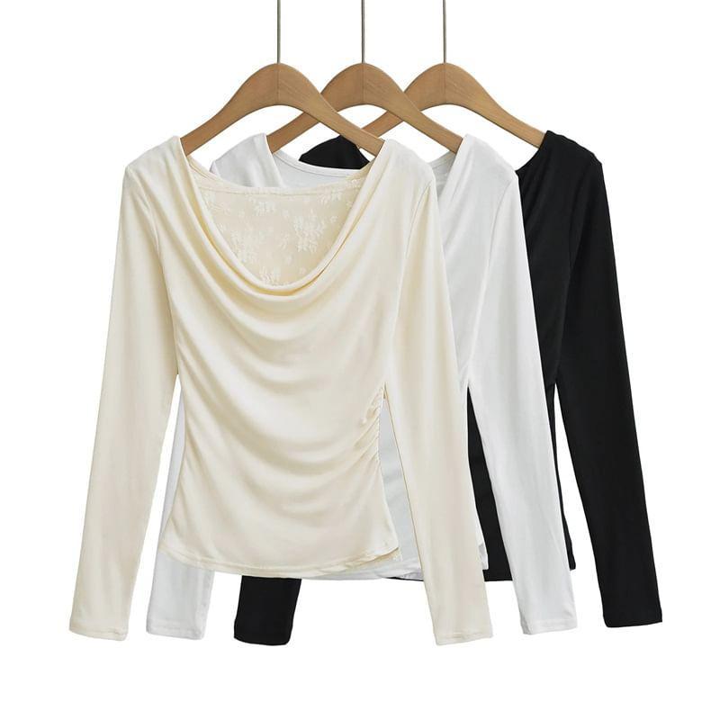 Long Sleeve Cowl Neck Plain Ruched Panel Lace Top Product Image