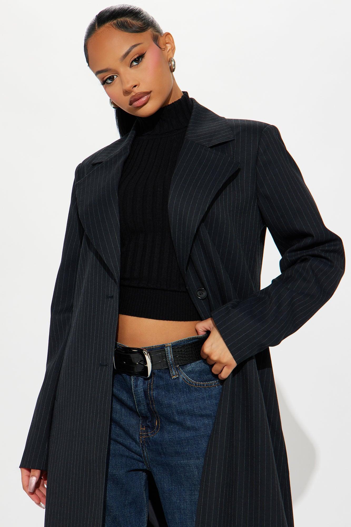 Business Plans Pinstripe Long Blazer - Black/combo Product Image