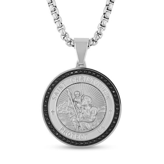 Men's 1/4 CT. T.w. Black Diamond Saint Christopher "Protect Us" Medallion Pendant in Stainless Steel and Black Ion-Plate - 24" Product Image