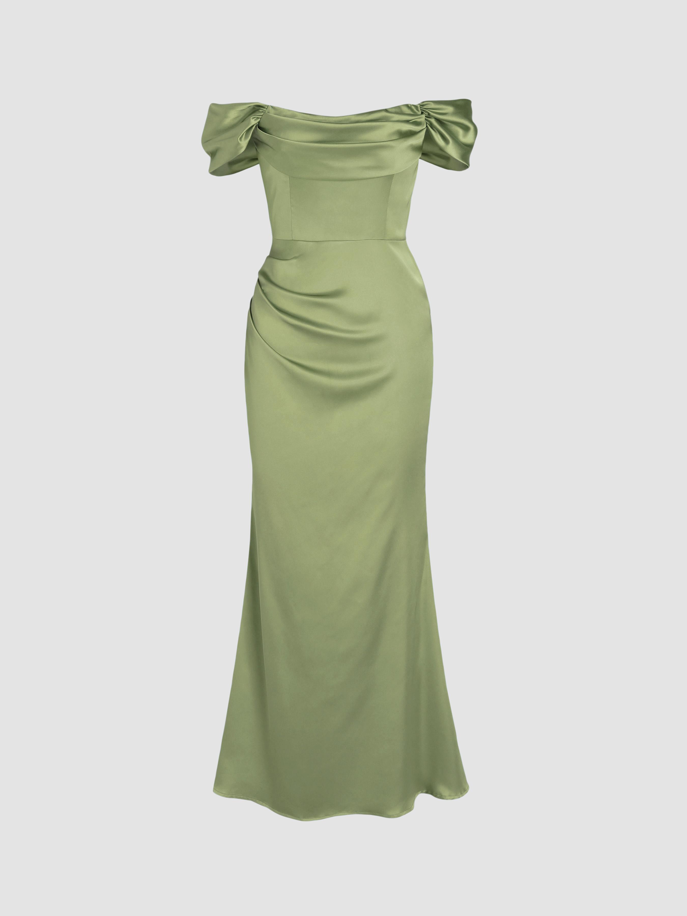 Ruched Off-shoulder Satin Maxi Dress Product Image