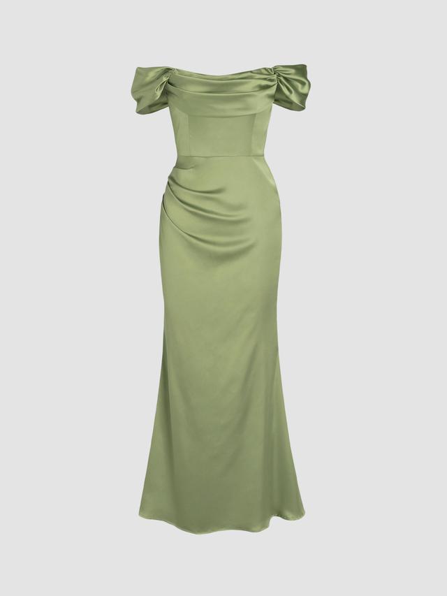 Ruched Off-shoulder Satin Maxi Dress Product Image