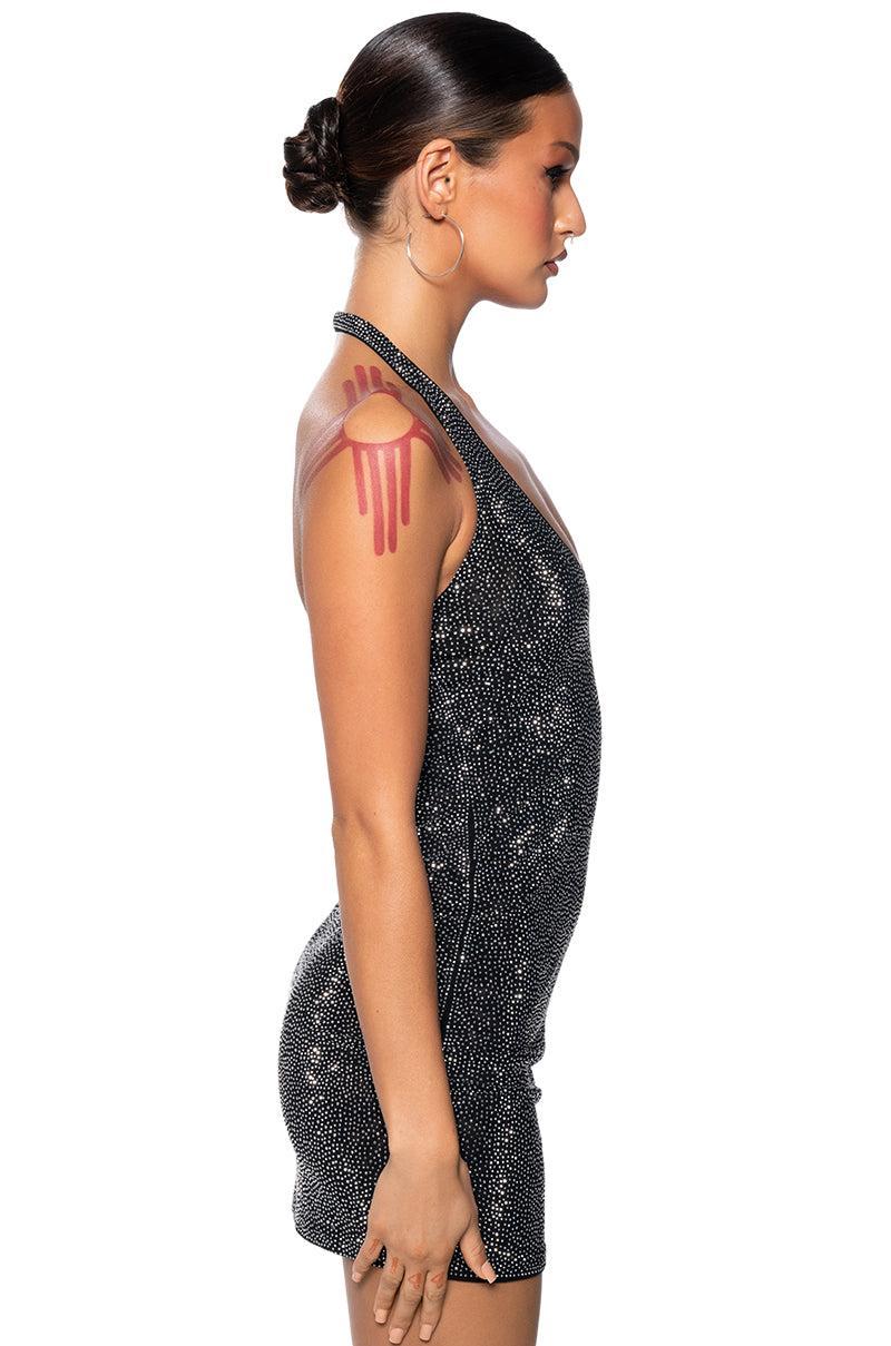 SHES GLOWING RHINESTONE MINI DRESS IN BLACK Product Image