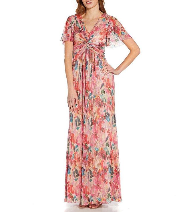 Adrianna Papell Metallic Floral Print Pleated Twist V-Neck Short Flutter Sleeve Gown Product Image