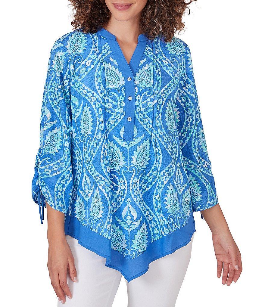 Ruby Rd. Petite Size Woven Polynesian Tropical Print Split V-Neck 3/4 Ruched Sleeve Asymmetric Hem Top Product Image