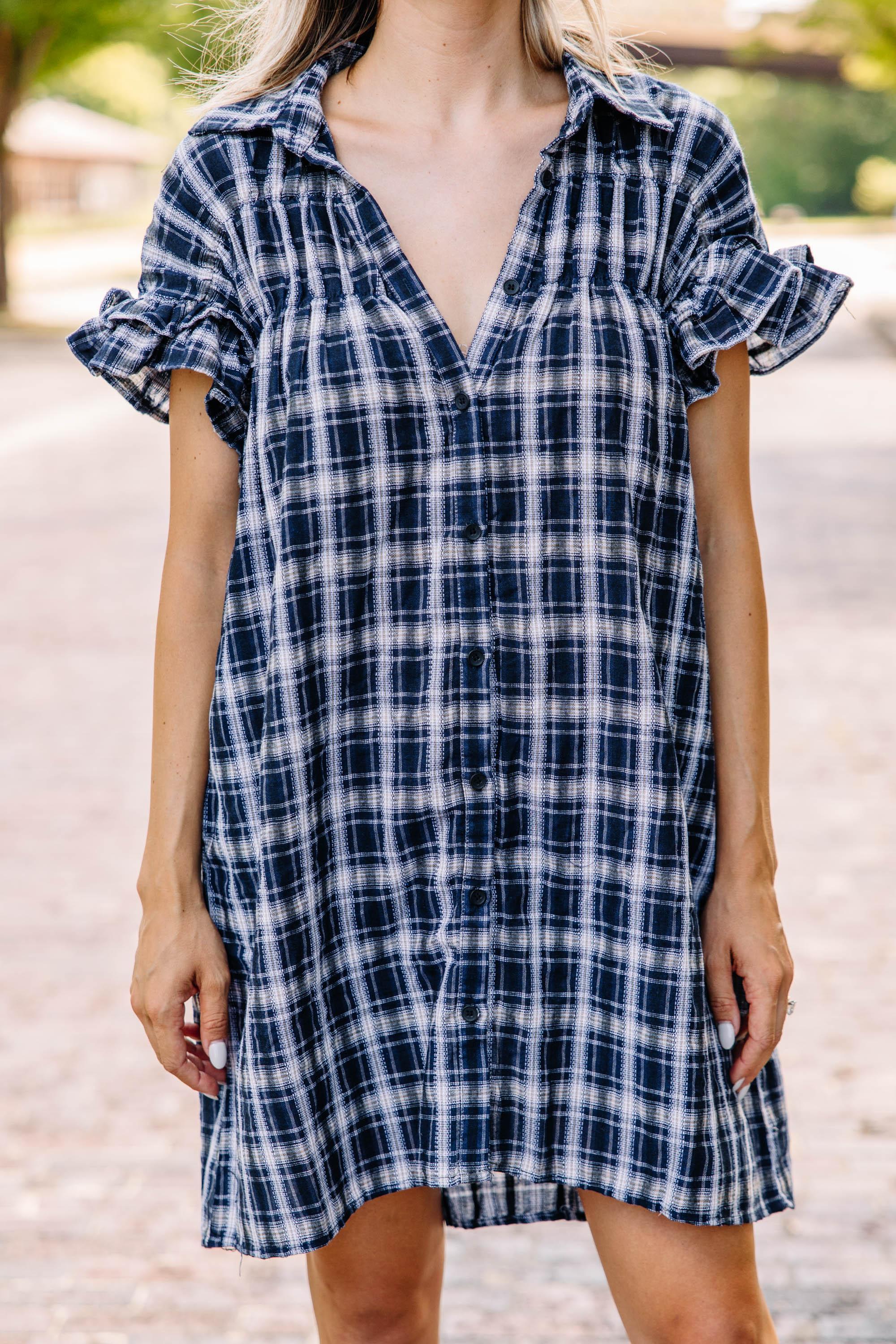 Sweet Aspirations Navy Blue Plaid Dress Female Product Image