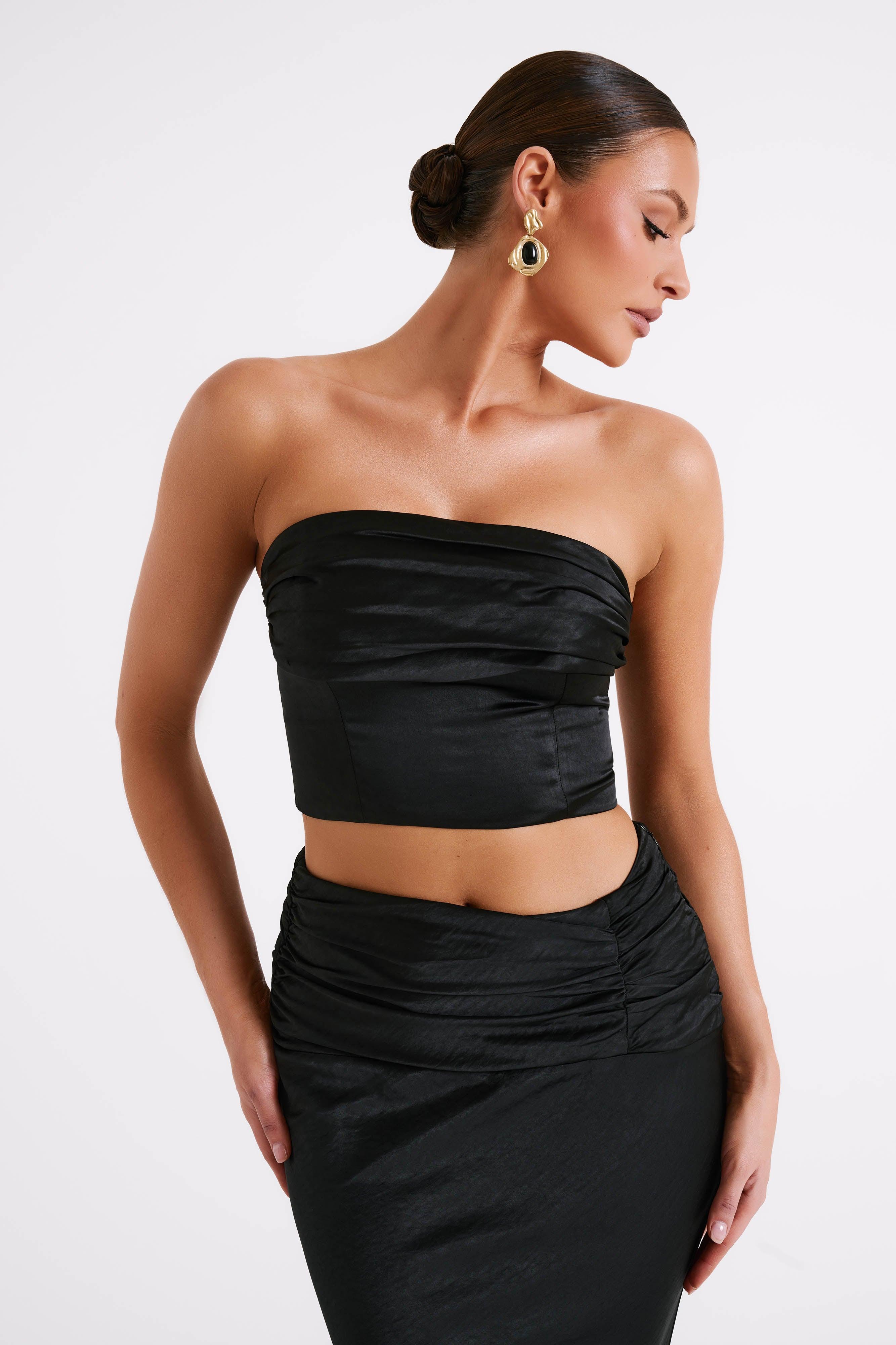 Khalani Ruched Strapless Satin Top - Black product image