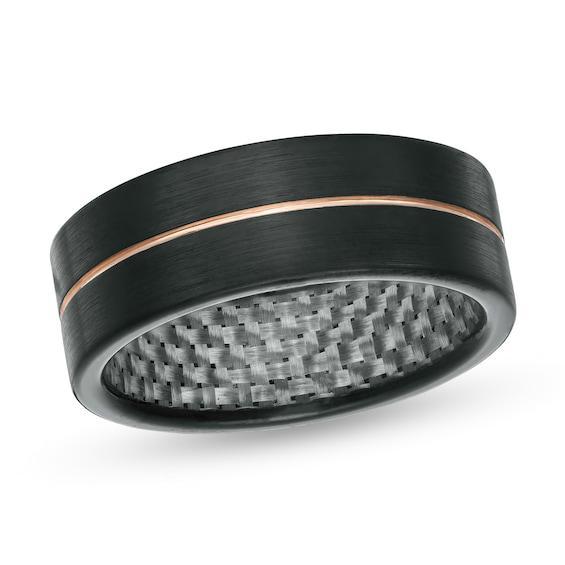 Men's 8.0mm Grooved Wedding Band in Tantalum with Black and Rose IP Product Image