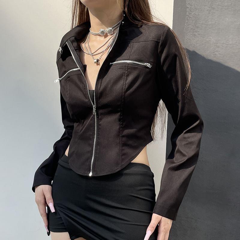 Mock Neck Zip-Up Plain Crop Jacket Product Image