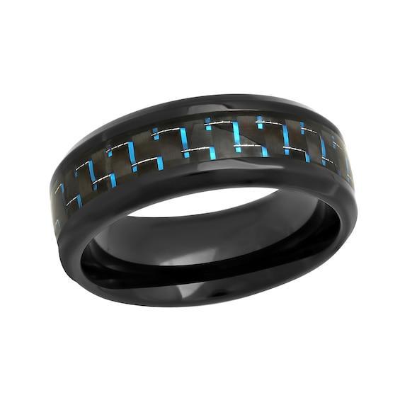 Men's 8.0mm Engravable Wedding Band in Stainless Steel with Black and Blue IP and Woven Carbon Fiber Inlay (1 Line) Product Image