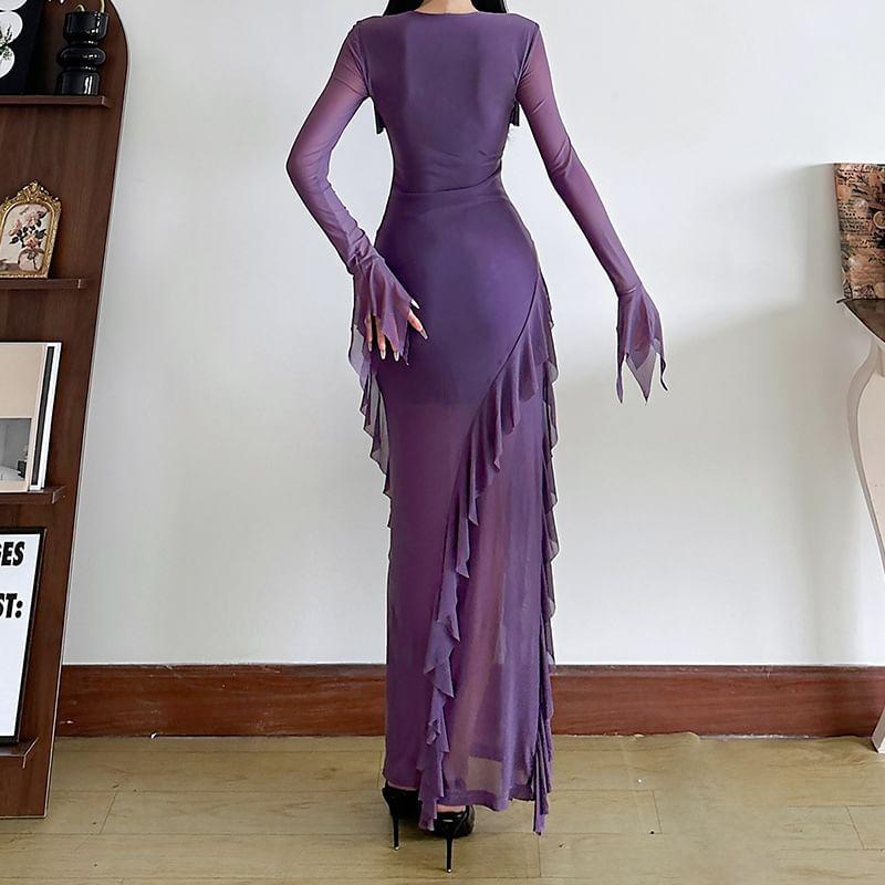 Long Sleeve Square Neck Plain Ruffle Panel Mesh Maxi Sheath Dress Product Image