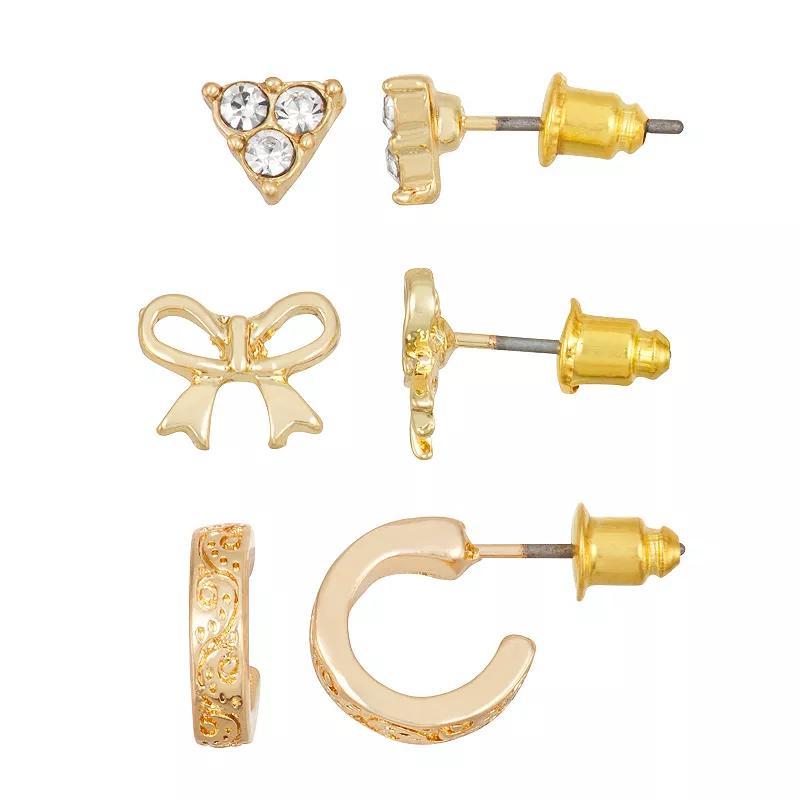 Ella Shea Gold Tone Trio Rhinestone Stud Hoop Earrings Set, Womens Product Image