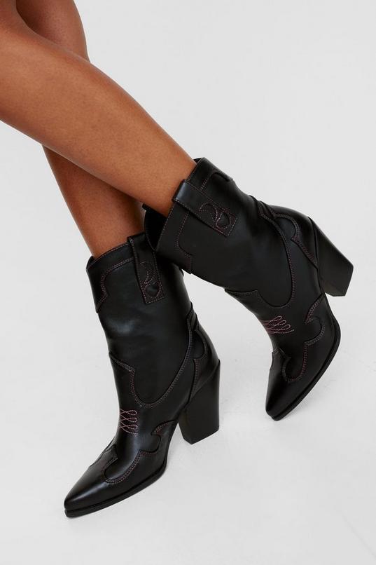 Faux Leather Contrast Embroidery Ankle Western Boot Product Image