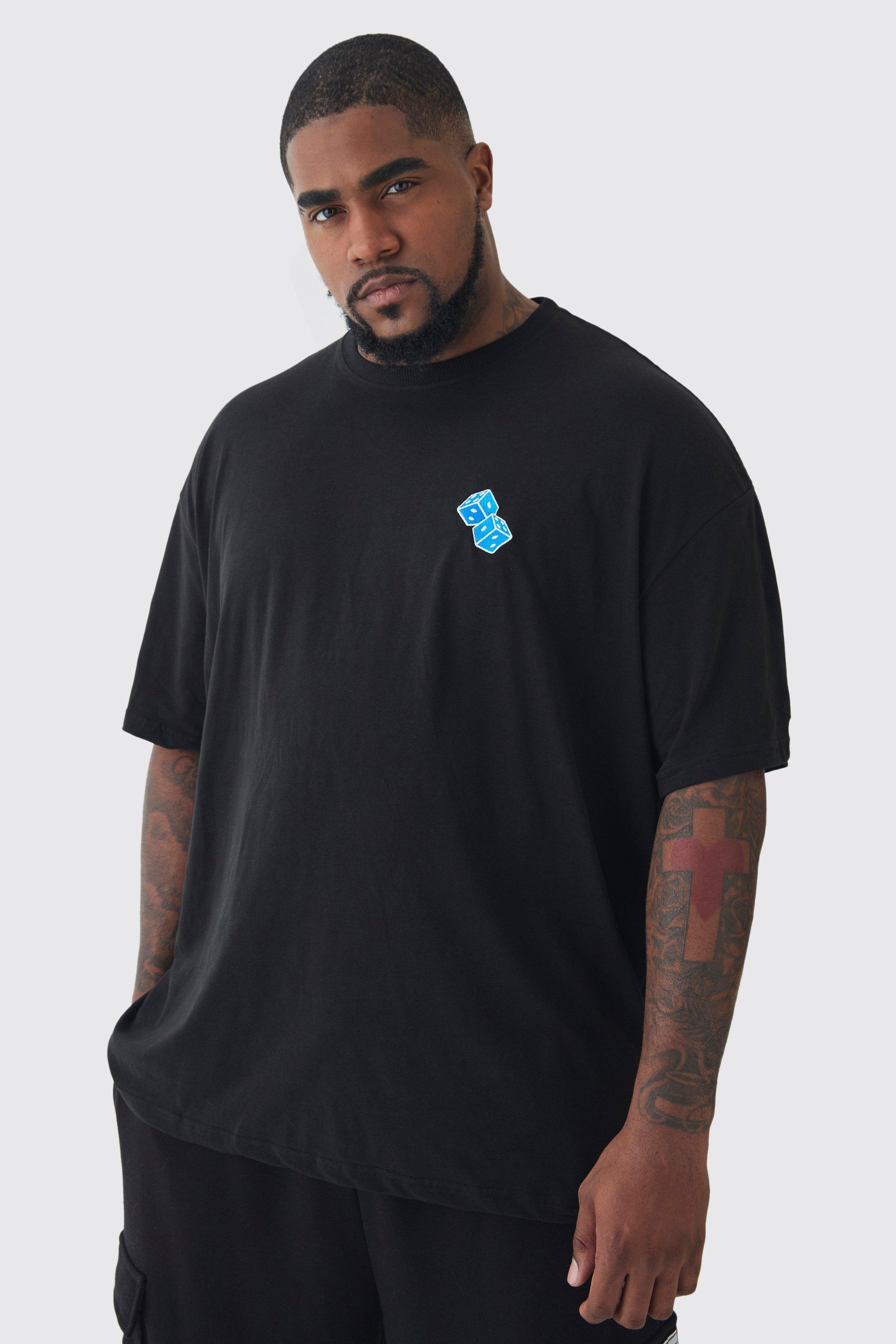 Plus Oversized Plus Blue Dice Embroidered T-shirt In Black | boohooMAN USA Product Image