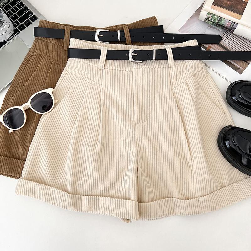 High Waist Plain Roll Up Hem Shorts Product Image