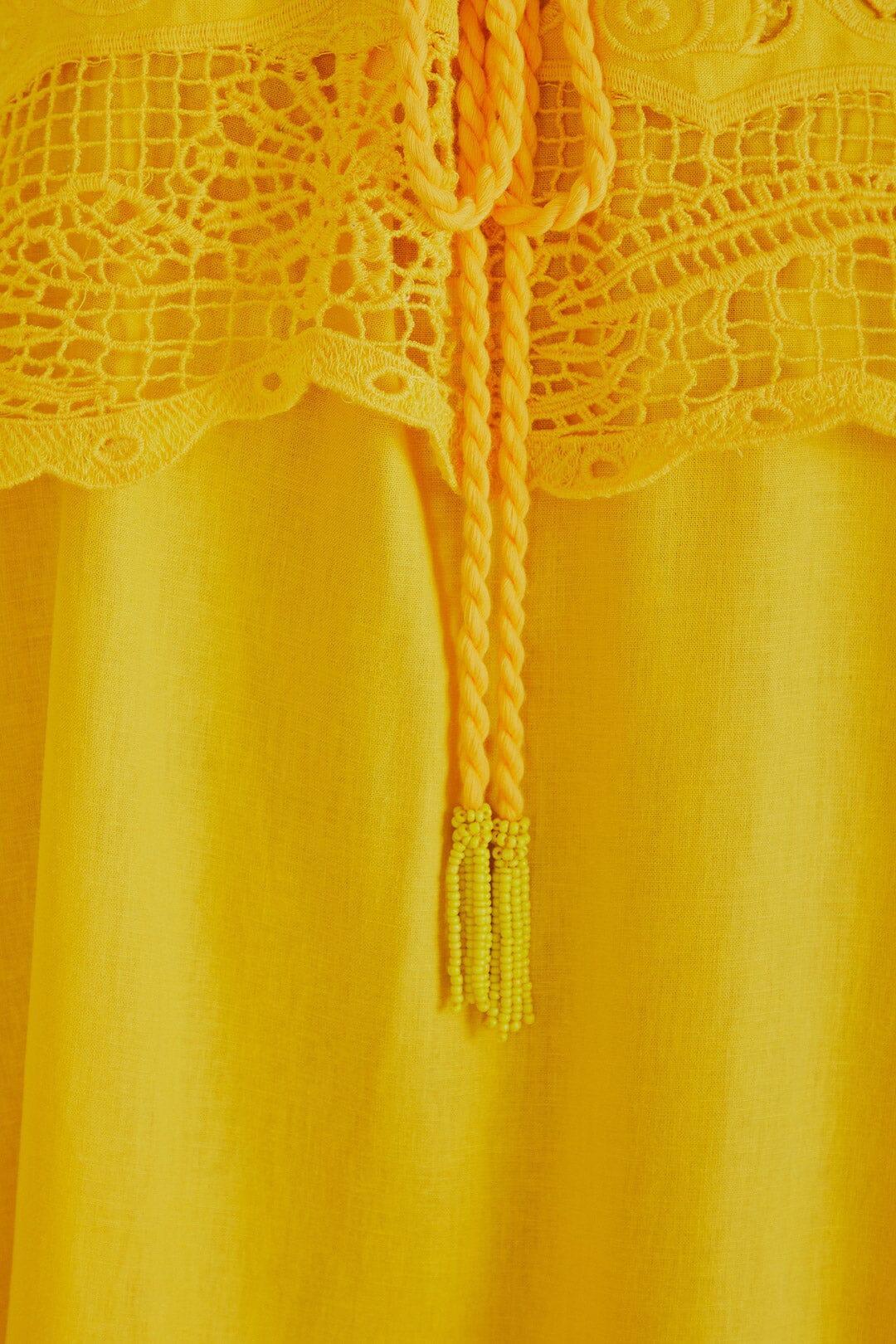 Yellow Embroidered Guipure Euroflax Premium Linen Mini Dress, YELLOW / S Product Image