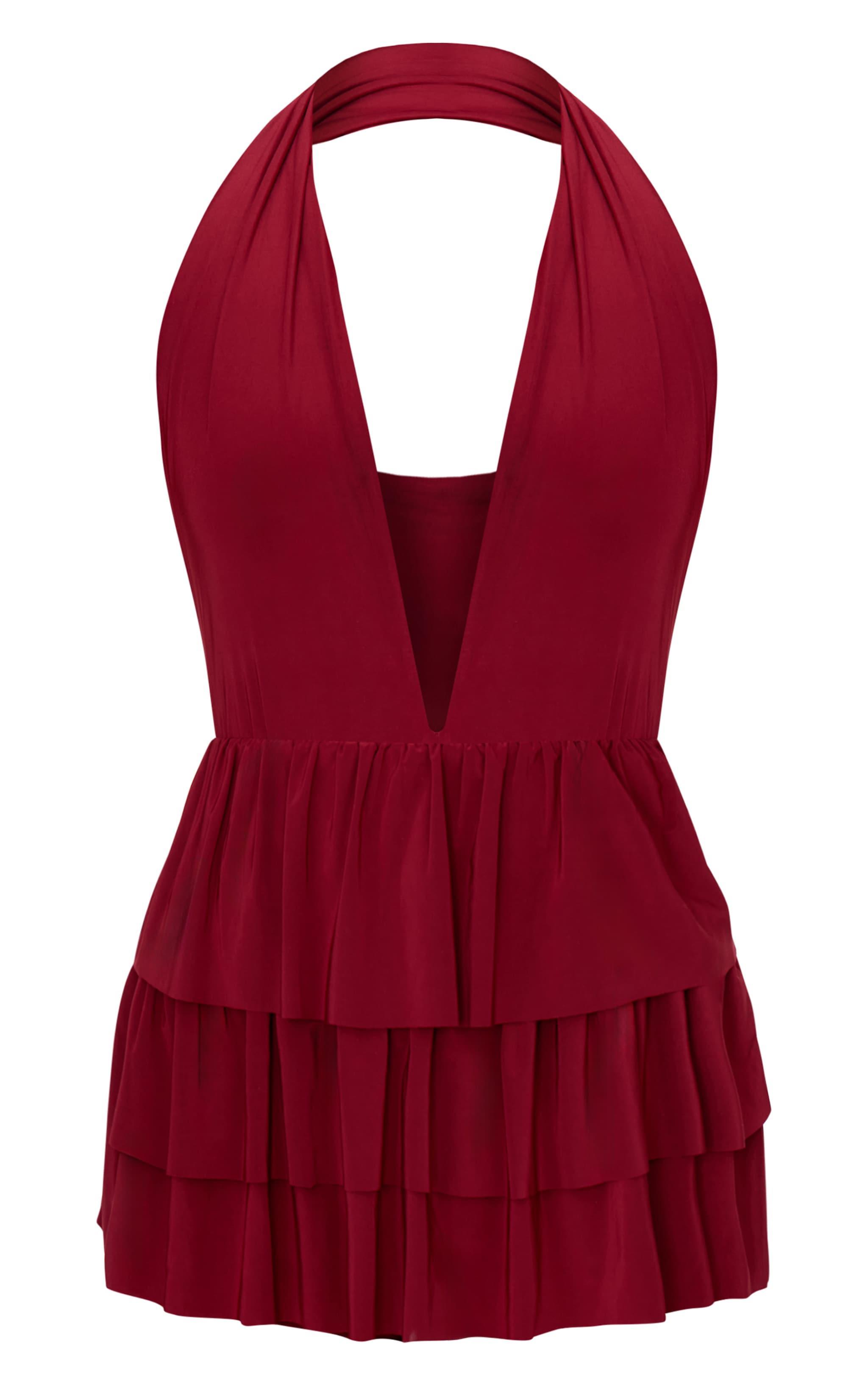 Burgundy Slinky Halterneck Plunge Rara Skort Romper Product Image