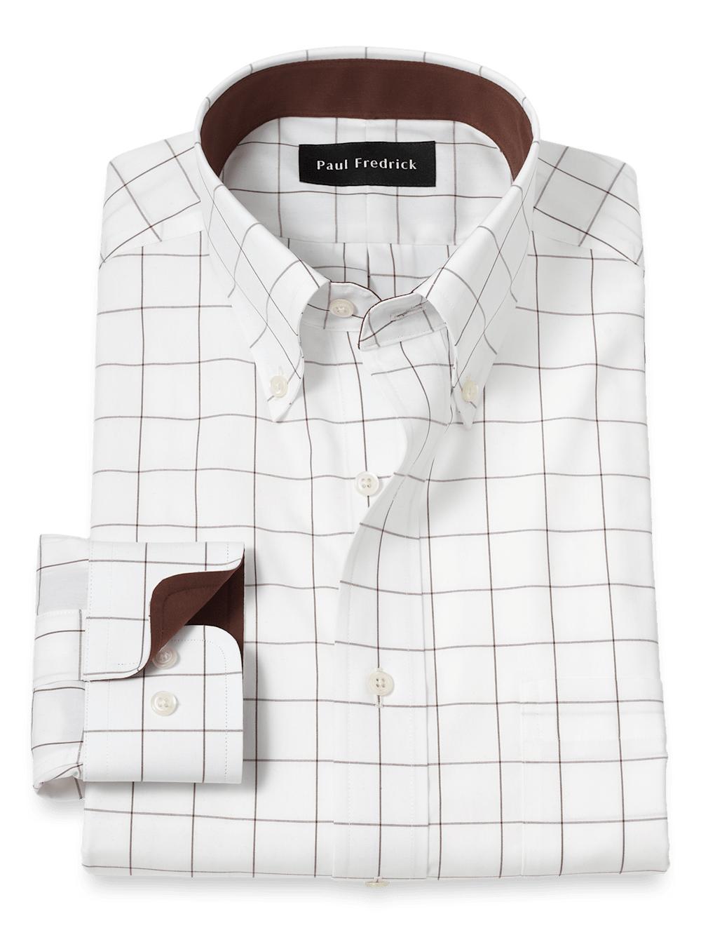 Non-Iron Cotton Windowpane Dress Shirt With Contrast Trim - Brown Product Image