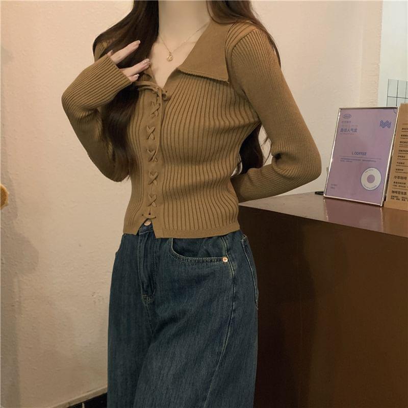 Long-Sleeve Collar Lace-Up Ribbed Knit Top Product Image