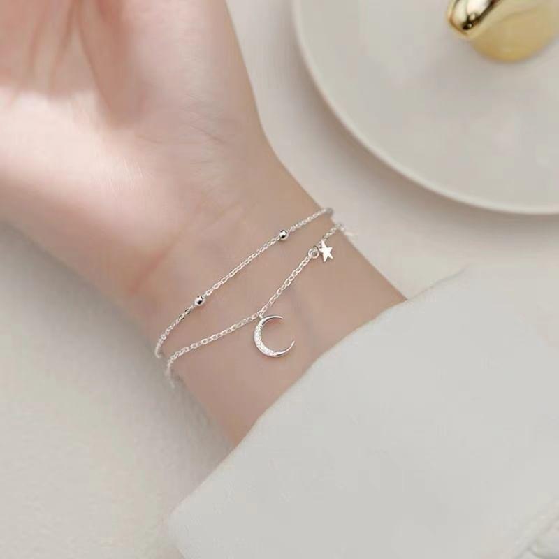 925 Sterling Silver Moon Star Layered Bracelet Product Image