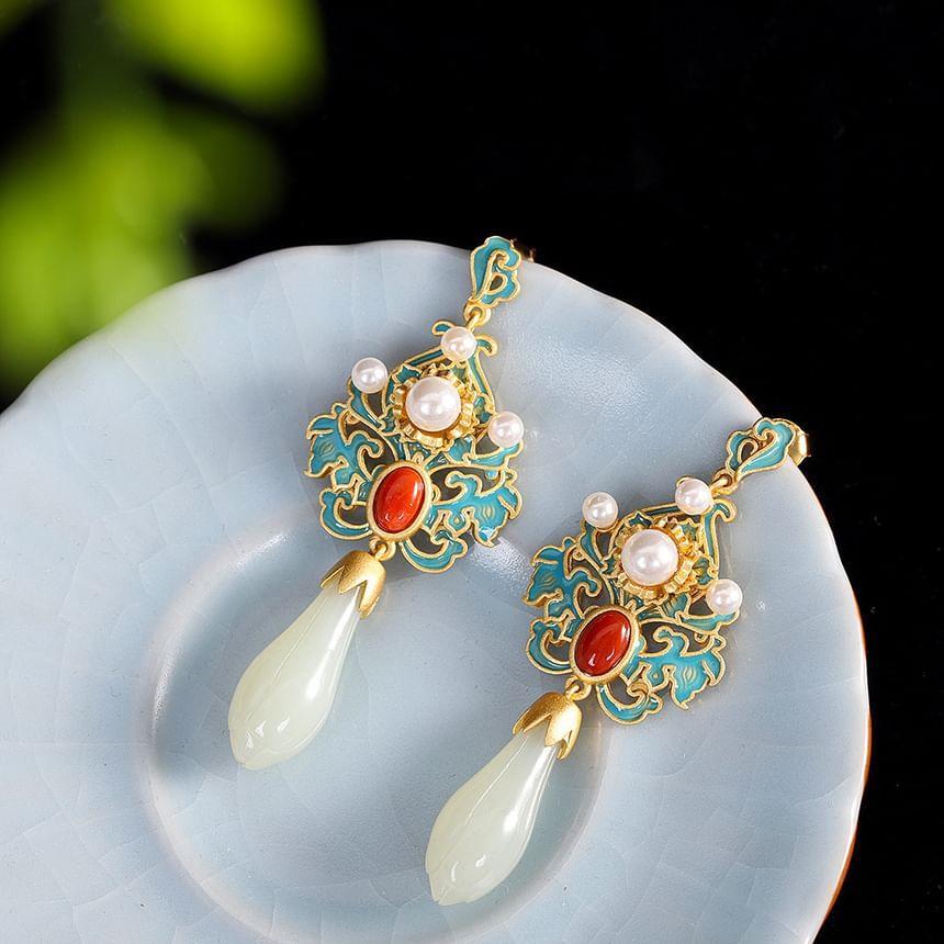 Vintage Floral Faux Gemstone Faux Pearl Alloy Dangle Earring Product Image