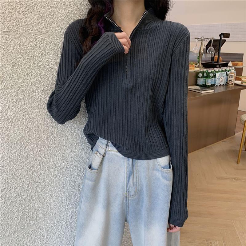 Stand Collar Plain Half Zip Ribbed Sweater Product Image