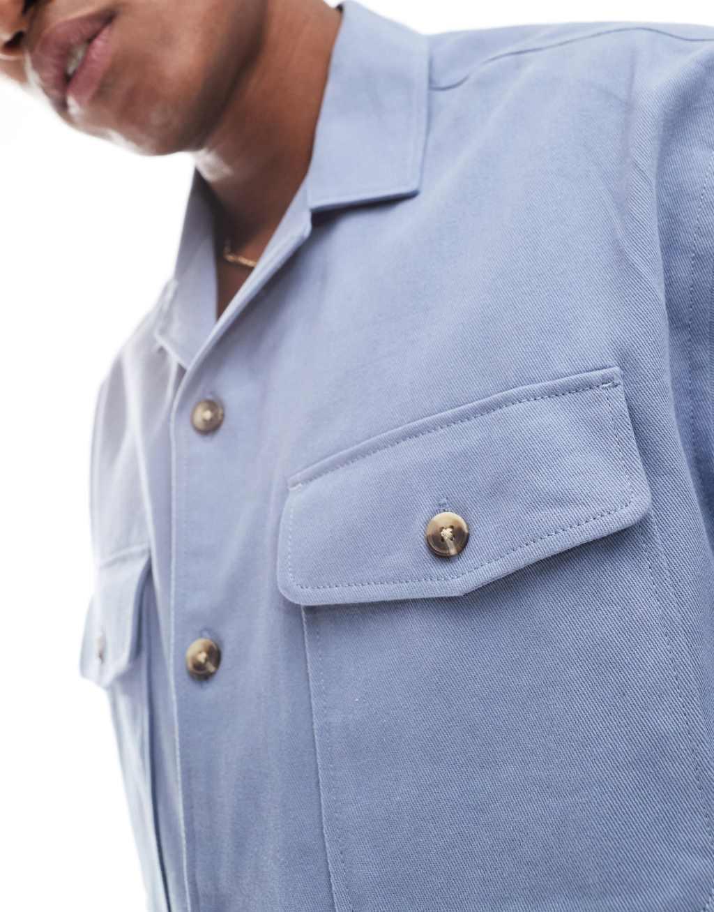 ASOS DESIGN boxy overshirt with revere collar in cornflower blue  Product Image