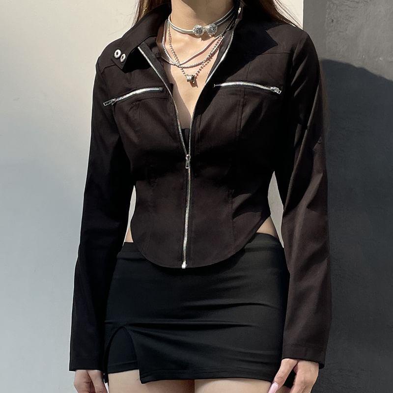 Mock Neck Zip-Up Plain Crop Jacket Product Image