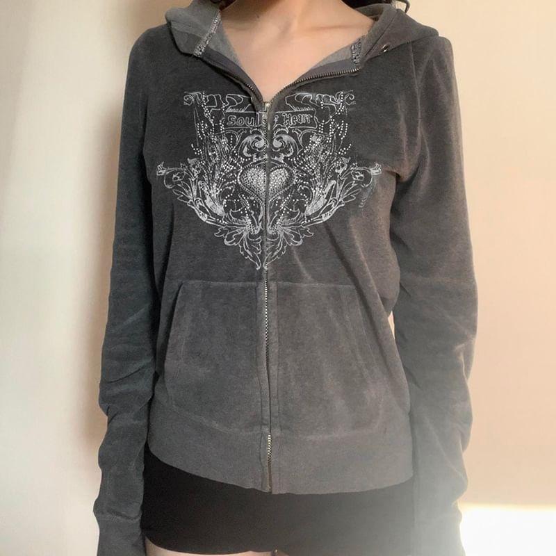 Long Sleeve Heart Rhinestone Zip-Up Hooded Jacket Product Image