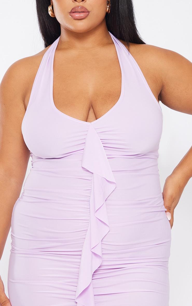 Plus Lilac Ruffle Detail Halterneck Bodycon Dress Product Image