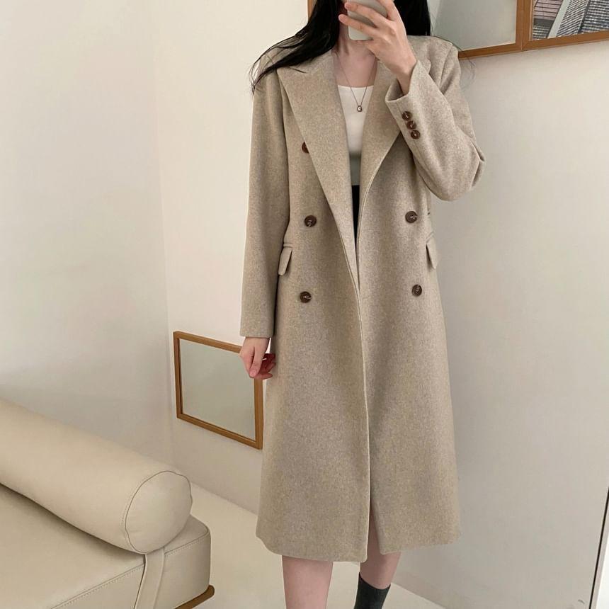 Peak Lapel Plain Midi Double Breasted Coat Product Image