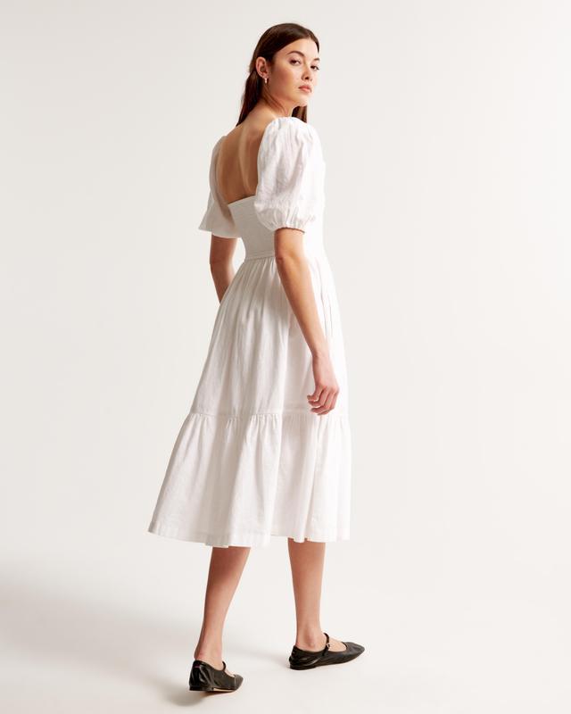 The A&F Emerson Linen-Blend Puff Sleeve Midi Dress Product Image