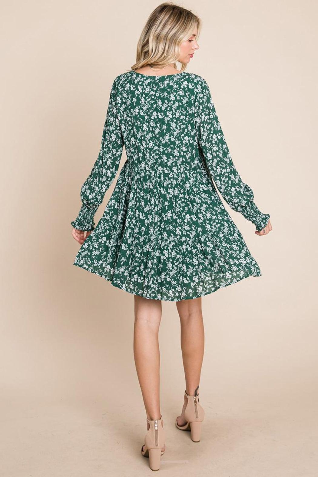 V Neck Floral Printed Long Sleeve Pleated Dress Product Image