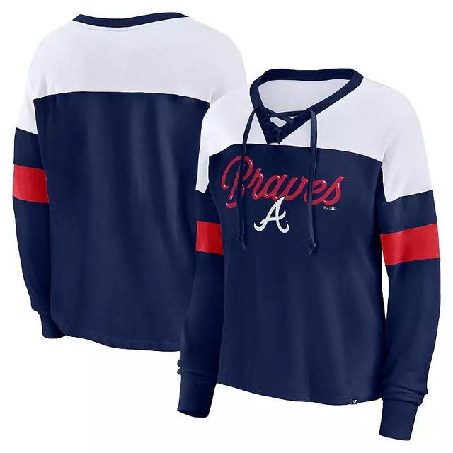 Womens Fanatics Branded Navy/White Atlanta Braves Even Match Lace-Up Long Sleeve V-Neck T-Shirt Blue Product Image