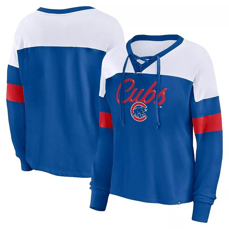 Womens Fanatics Branded Royal/White Chicago Cubs Even Match Lace-Up Long Sleeve V-Neck T-Shirt Product Image