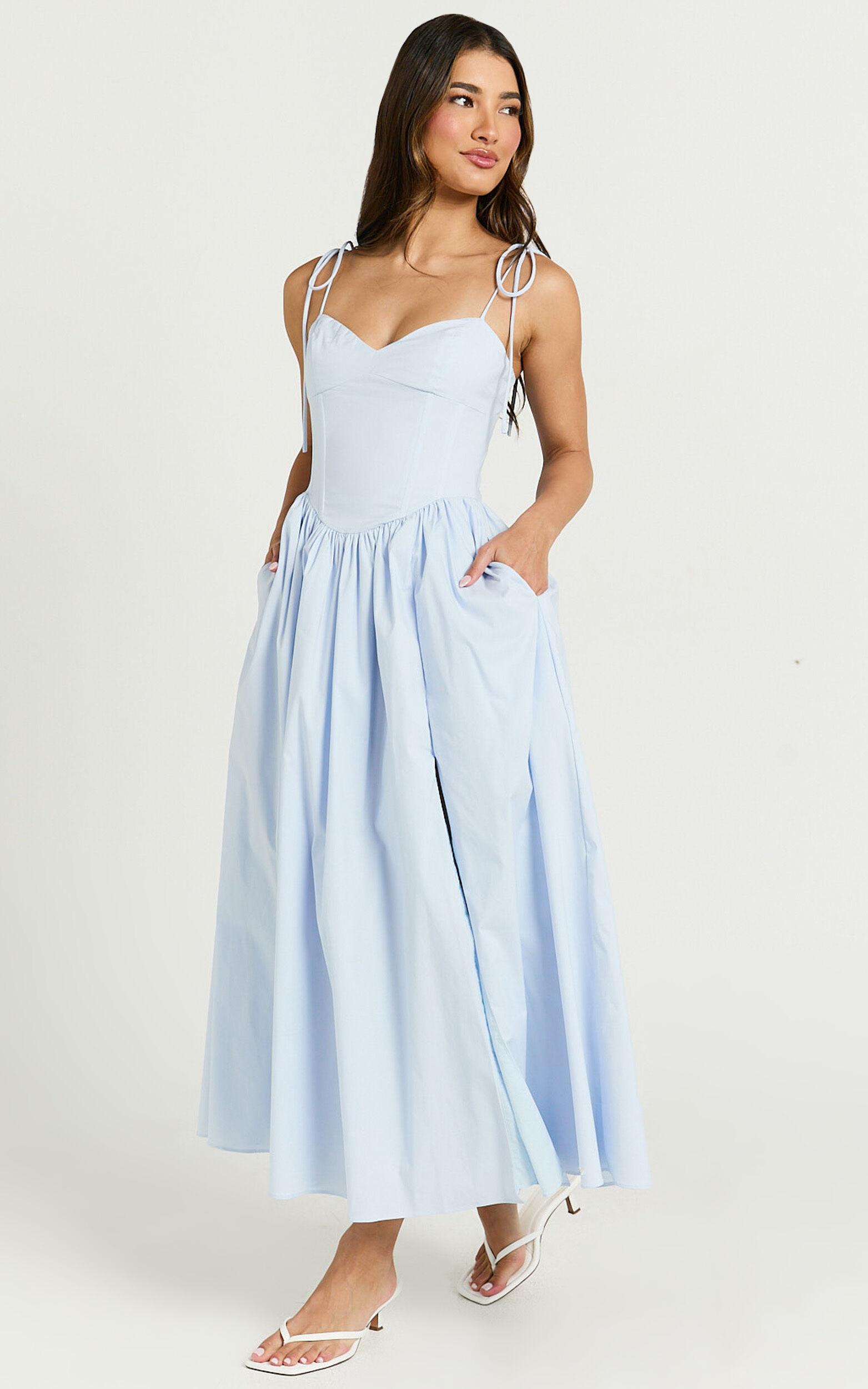 Holly Midi Dress - Corset Lace Up Dress with Split in Soft Blue Product Image