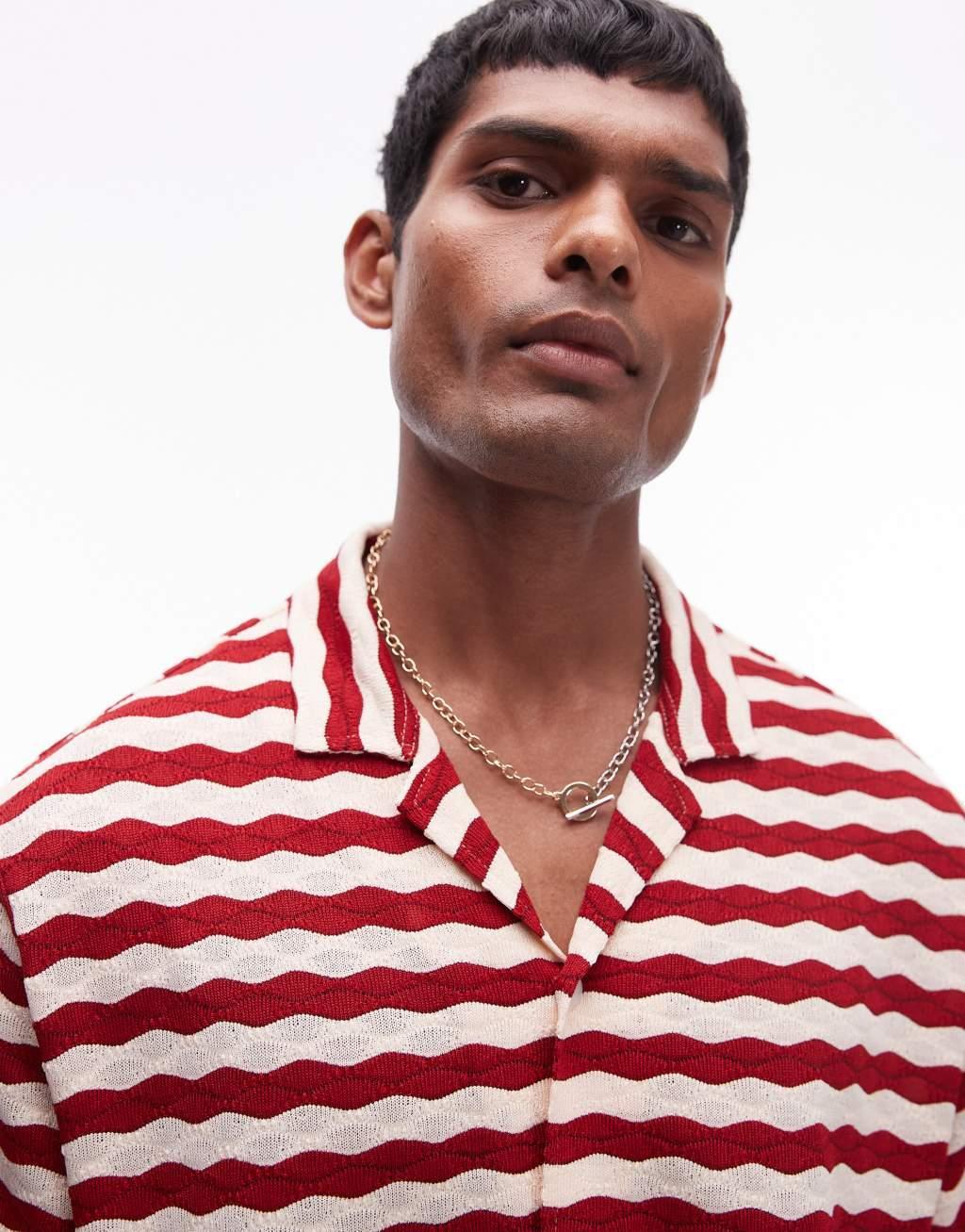 Topman short sleeve stripe crochet holiday shirt in red Product Image