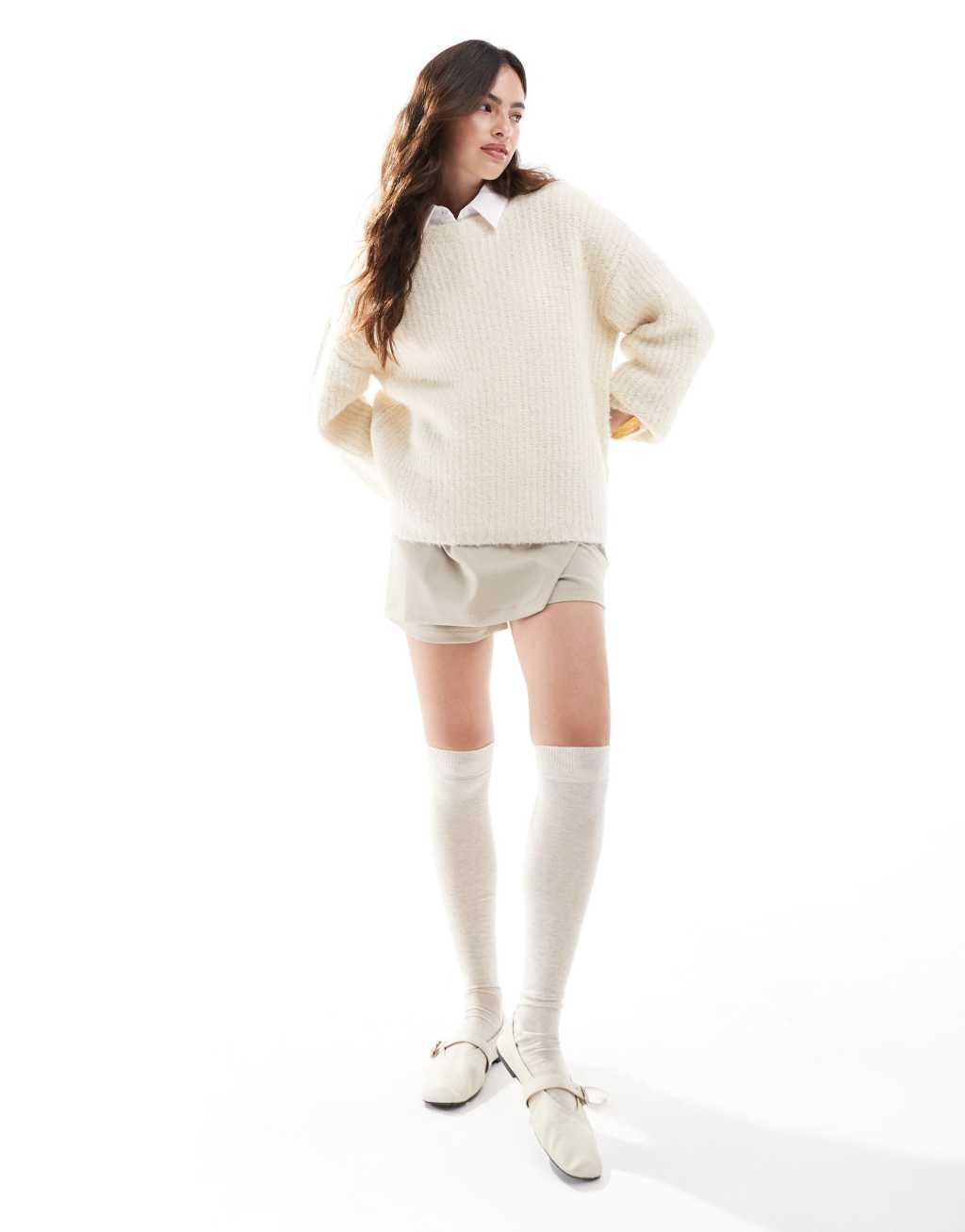 4th & Reckless wool mix textured rib wide sleeve sweater in cream Product Image