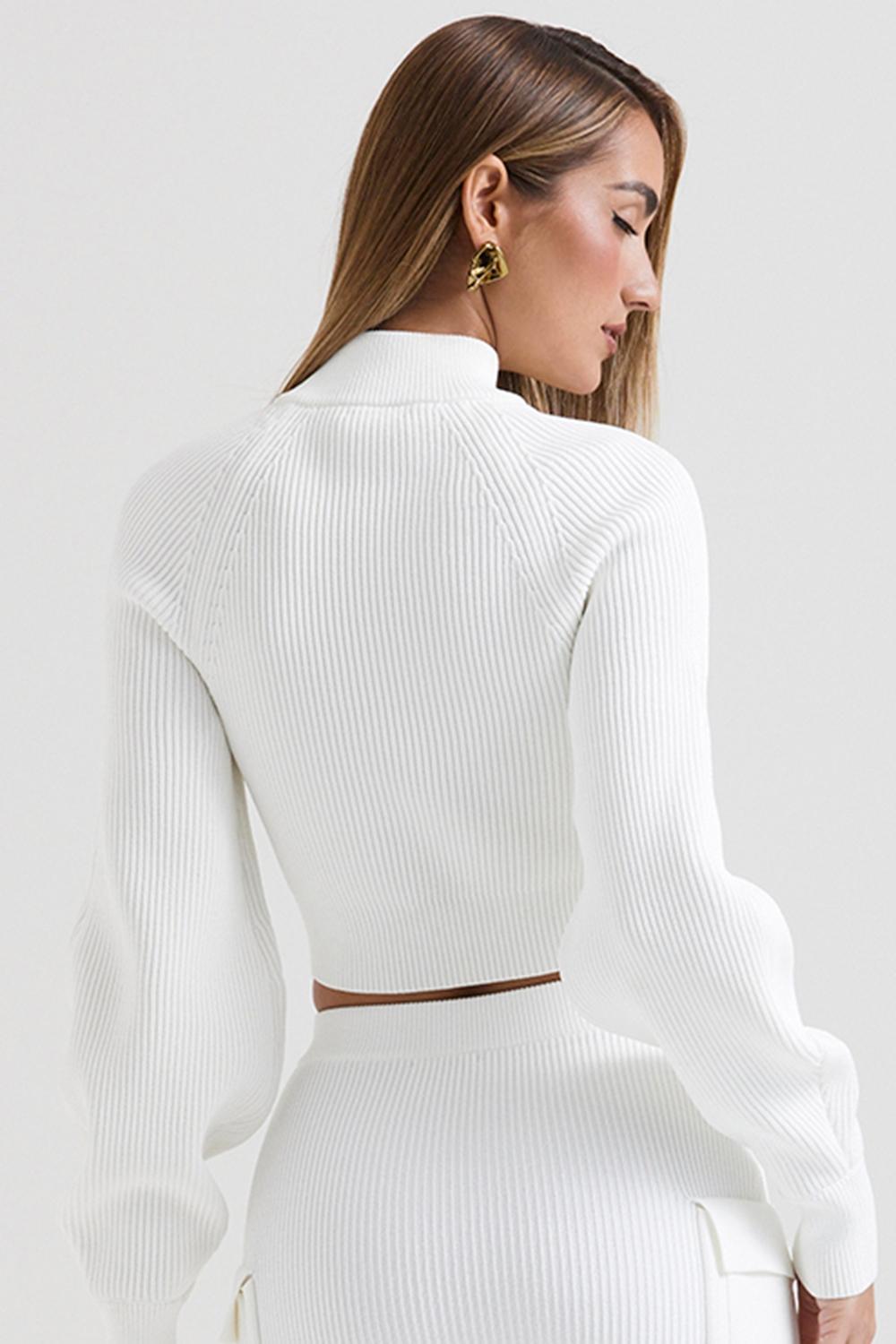 Reeva White Balloon Sleeve Ribbed Sweater Product Image