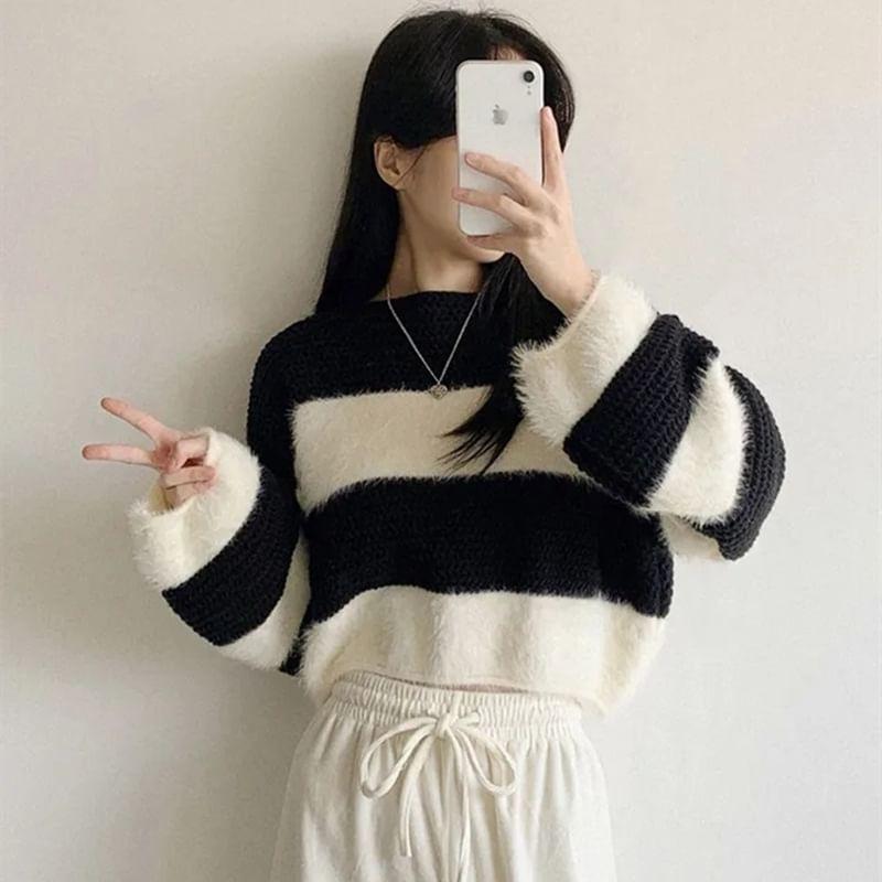 Boat Neck Striped Cropped Sweater Product Image