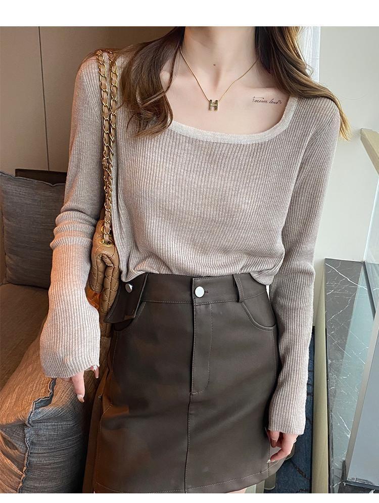 Long-Sleeve Square Neck Contrast Trim Ribbed Knit Top Product Image