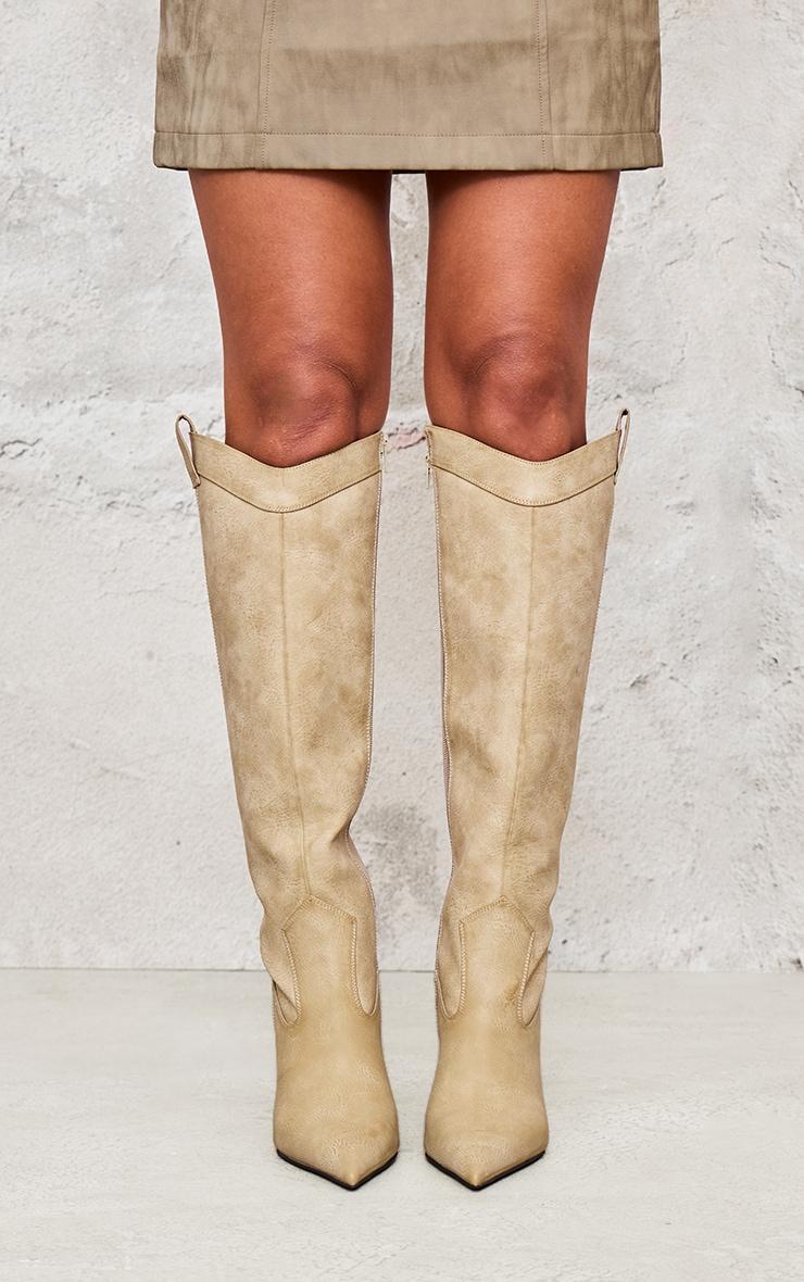 Tan Pu Point Toe Knee High Western Stiletto Boots Product Image