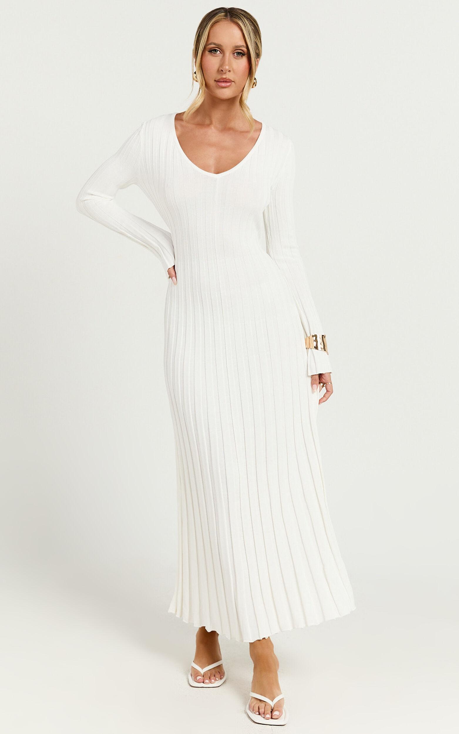 Astra Midi Dress - V Neck Long Sleeve Knit Dress in White Product Image