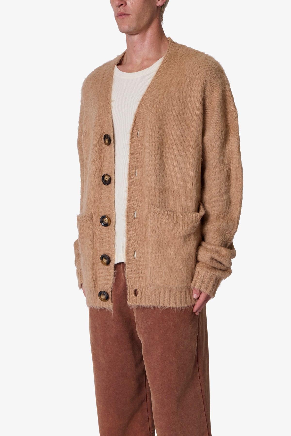 Elongated Fuzzy Cardigan Sweater - Brown Product Image