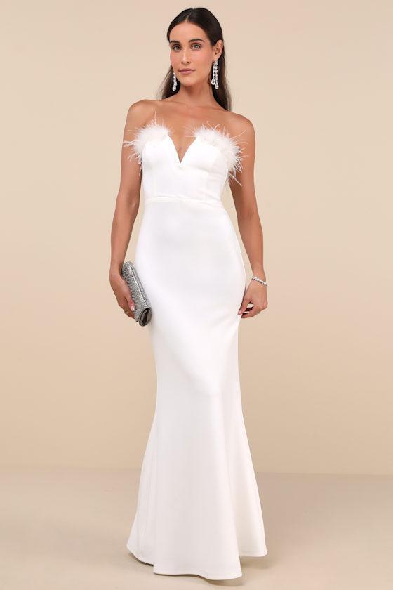 Extraordinary Glam White Feather Strapless Mermaid Maxi Dress Product Image